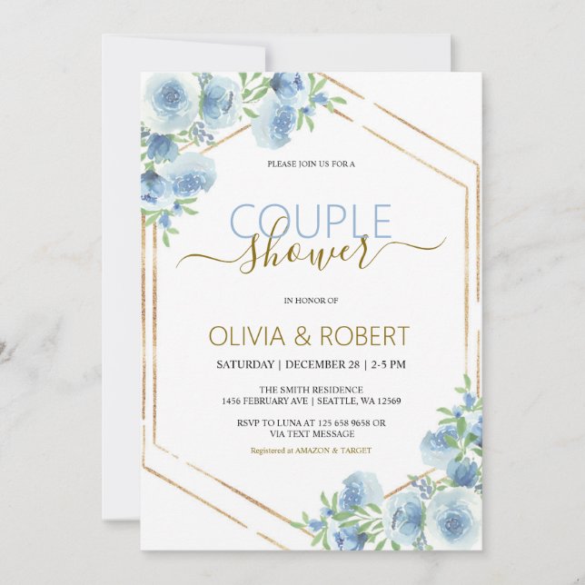 Invitation de douche pour couple aux fleurs bleues (Devant)