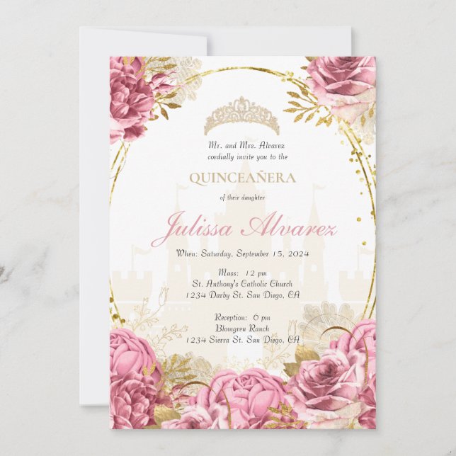 Invitation de Fairytale Quinceanera rose enchantée (Devant)