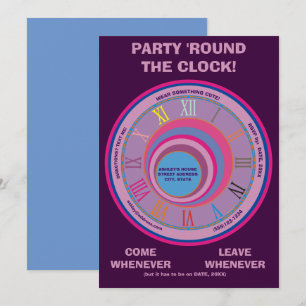 Invitation de fête 24 heures Horloge ronde bleu vi