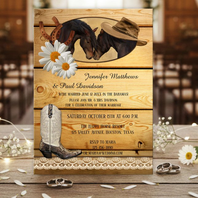 Invitation de fête après mariage en fuite ou à la  (Post wedding party invitation featuring two horses on rustic wood with horseshoes and cowboy boot)