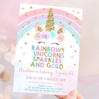 Invitation de fête Arc-en-ciel Licorne Pastel pour