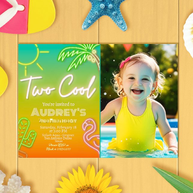 Invitation de fête au bord de la piscine néon Two  (Two Cool Neon Pool Party Landscape Invitation with Photo Picture)
