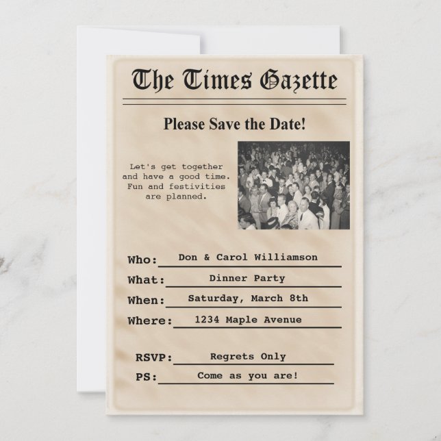 Invitation de fête au journal vintage (Devant)