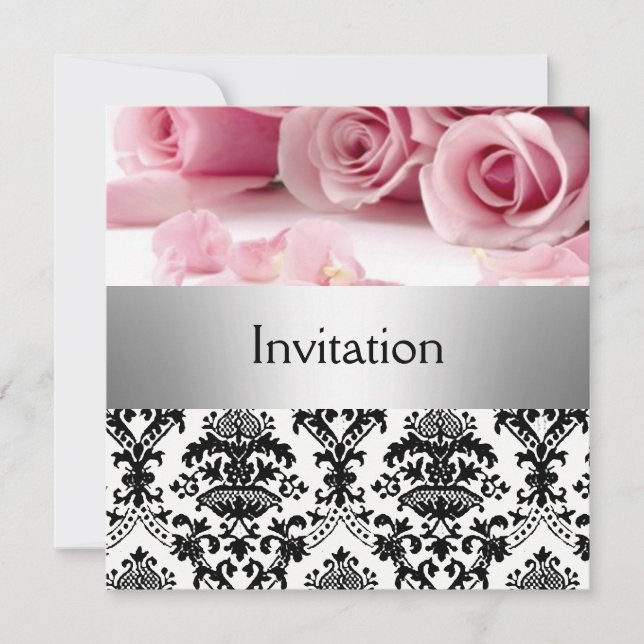Invitation de fête avec des roses roses damassées, (Devant)