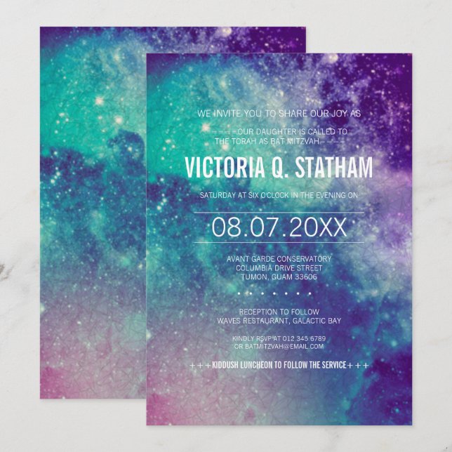 Invitation de fête Bat mitzvah Pastel Galaxy perso (Devant / Derrière)