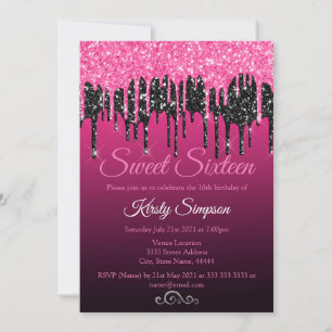 Invitation de fête chic noire et rose pailletée po