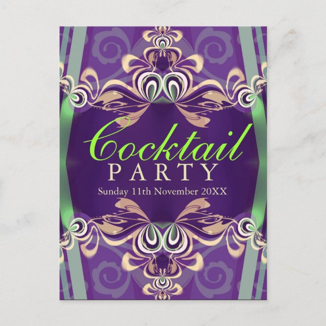 Invitation de fête cocktail verte violette à motif (Devant)