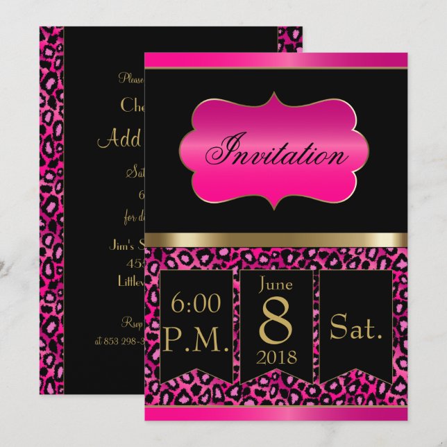 Invitation de fête Cool Rose Chaud & Léopard Noir (Devant / Derrière)