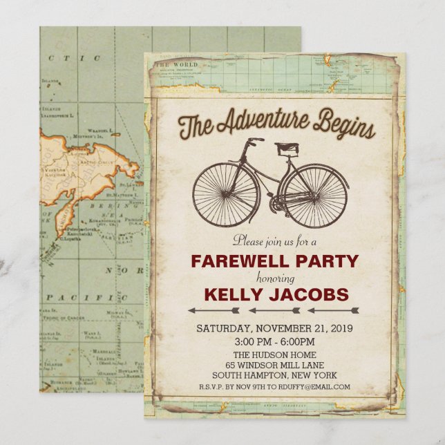 Invitation de fête d'adieu de voyage à vélo vintag (Devant / Derrière)