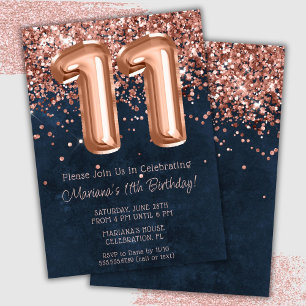 Invitation de fête d'anniversaire 11 ans Rose Gold