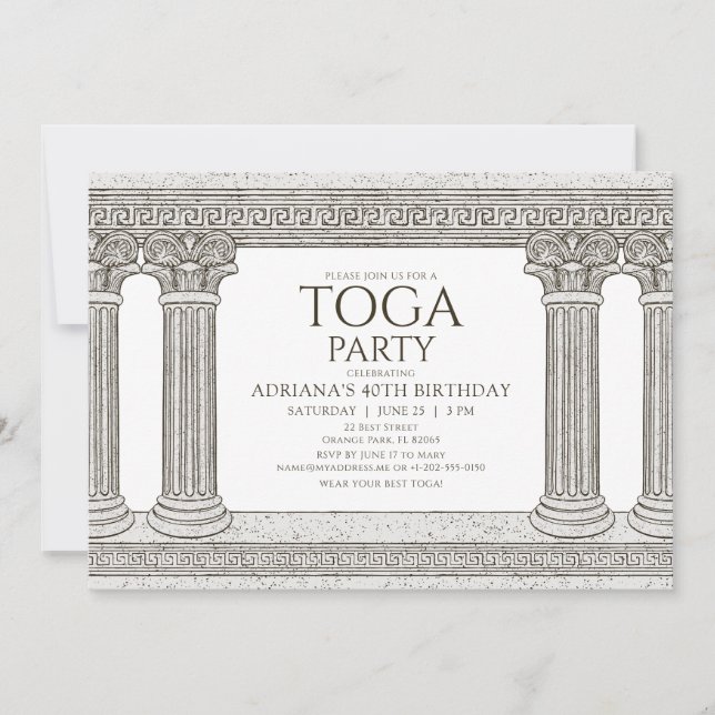 Invitation de fête d'anniversaire à toga avec colo (Devant)