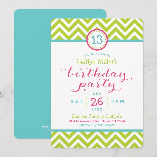Invitation de fête d'anniversaire branchée Zigzag  (Devant / Derrière)