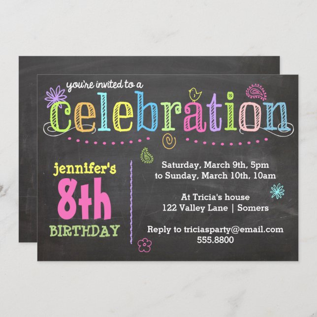 Invitation de fête d'anniversaire - Chalk + Neon (Devant / Derrière)