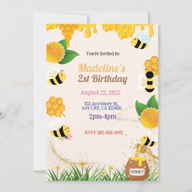 Invitation de fête d'anniversaire d'abeille (Devant)