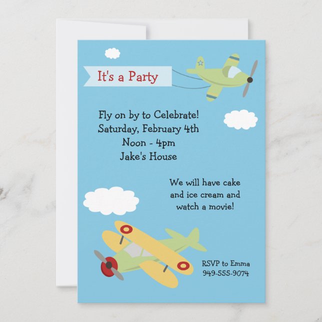 Invitation de fête d'anniversaire d'avion (Devant)