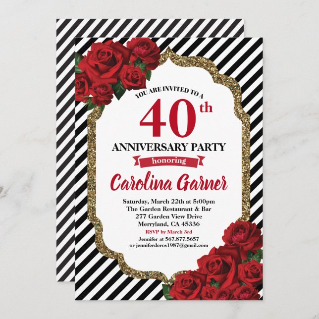 Invitation de fête d'anniversaire de 40 ans de mar (Devant / Derrière)