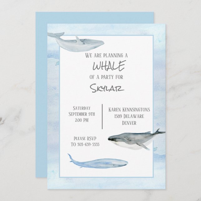 Invitation de fête d'anniversaire de baleines (Devant / Derrière)