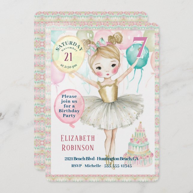 Invitation de fête d'anniversaire de Ballerina (Devant / Derrière)