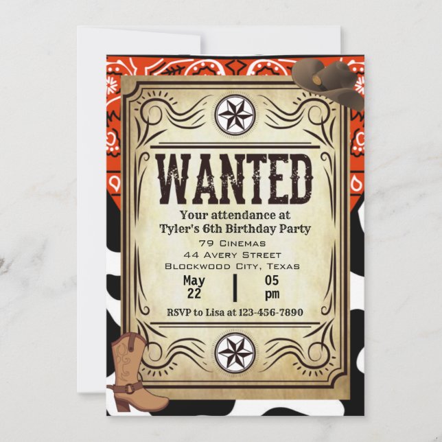 Invitation de fête d'anniversaire de Bandana Cowbo (Devant)