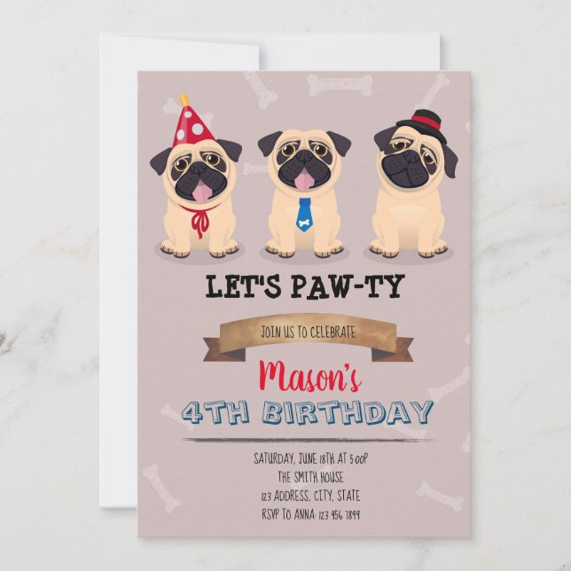 Invitation de fête d'anniversaire de carlin (Devant)