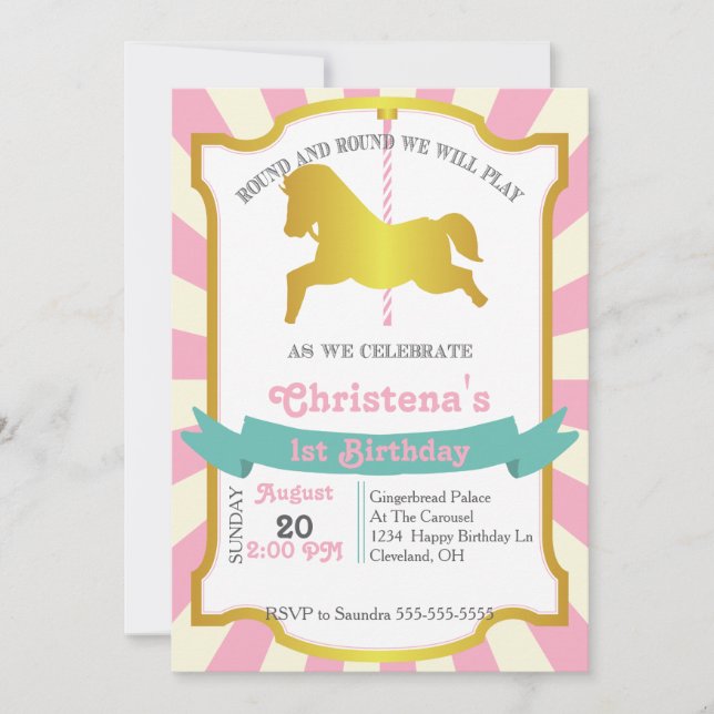 Invitation de fête d'anniversaire de carrousel (Devant)