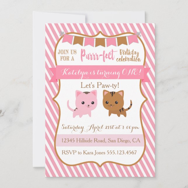 Invitation de fête d'anniversaire de chat de Kitty (Devant)