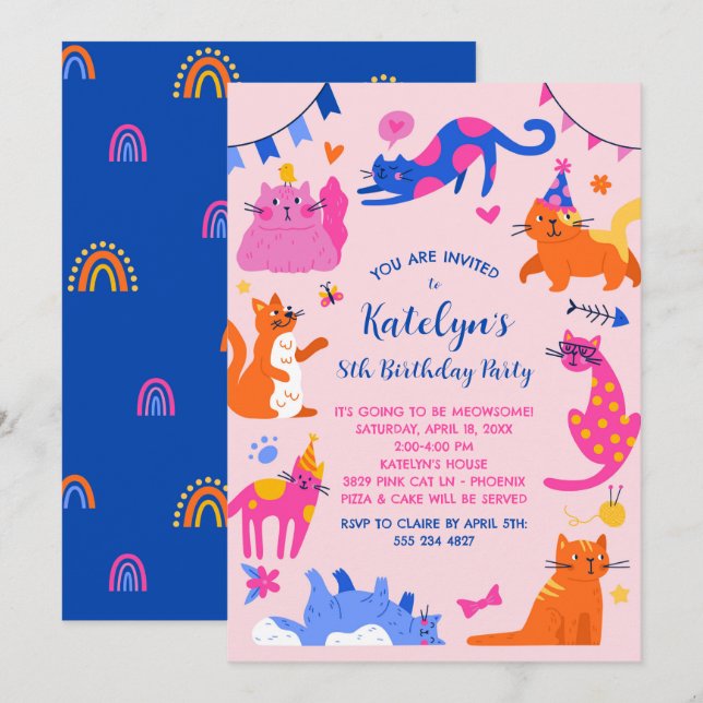 Invitation de fête d'anniversaire de chats mignons (Devant / Derrière)