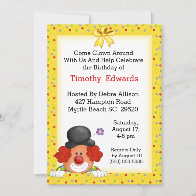 Invitation de fête d'anniversaire de clown (Devant)