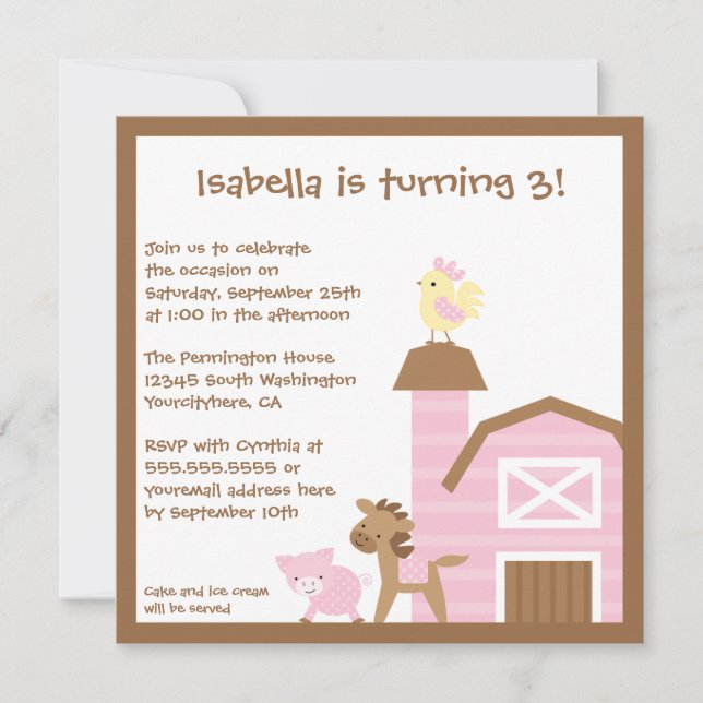 Invitation de fête d'anniversaire de ferme de la (Devant)