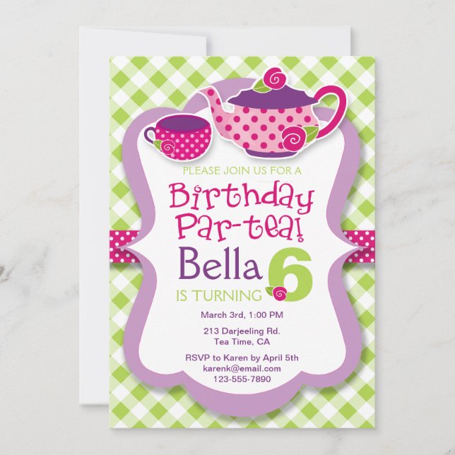 Invitation de fête d'anniversaire de filles de thé (Devant)
