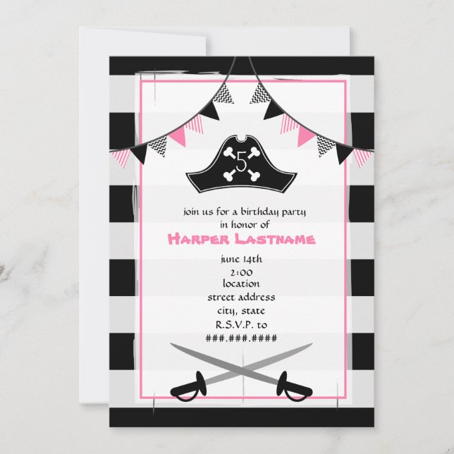 Invitation de fête d'anniversaire de Girly Pirate (Devant)