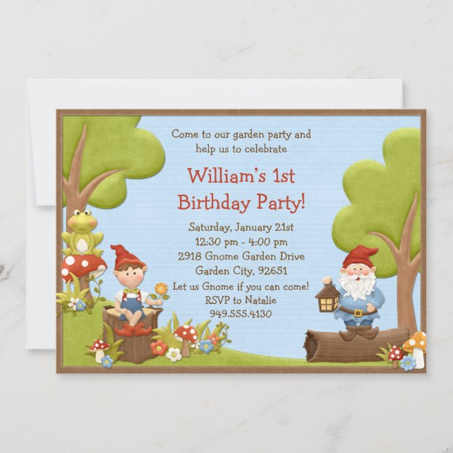 Invitation de fête d'anniversaire de gnome (Devant)
