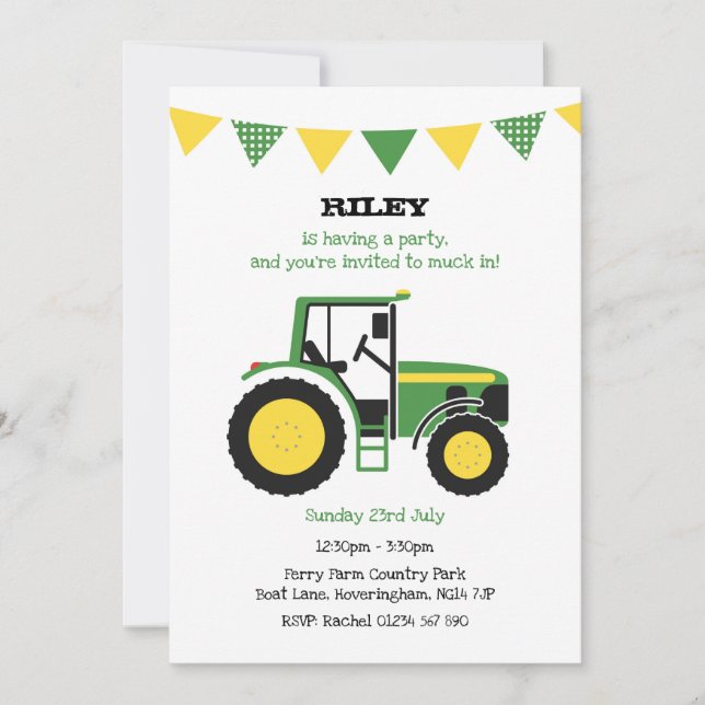 Invitation de fête d'anniversaire de Green Tractor (Devant)