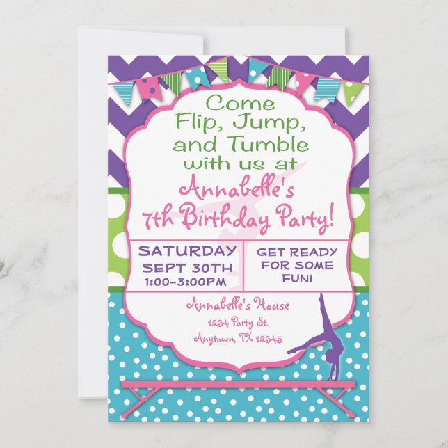 Invitation de fête d'anniversaire de gymnastique (Devant)