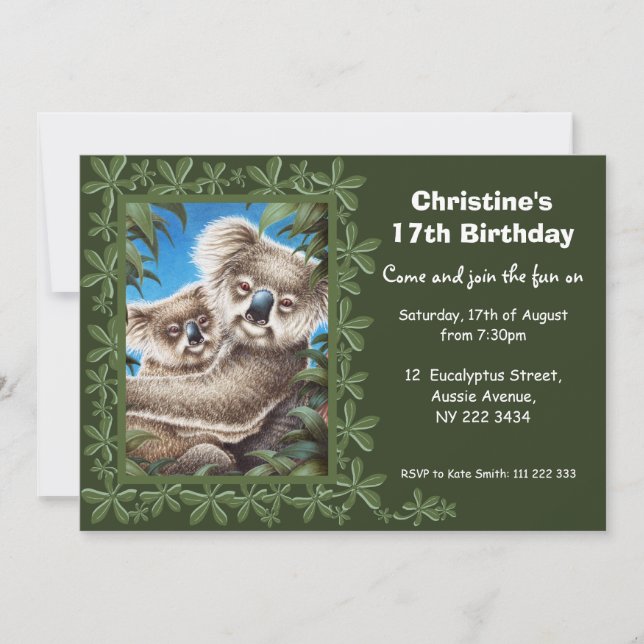 Invitation de fête d'anniversaire de koala (Devant)