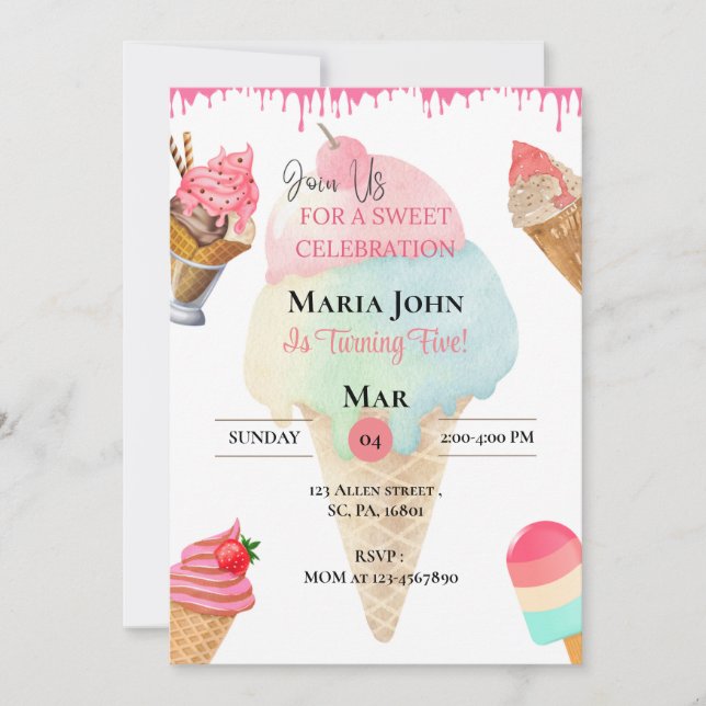 Invitation de fête d'anniversaire de la crème glac (Devant)