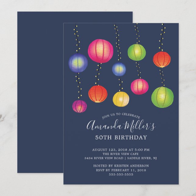 Invitation de fête d'anniversaire de la Lanterne e (Devant / Derrière)