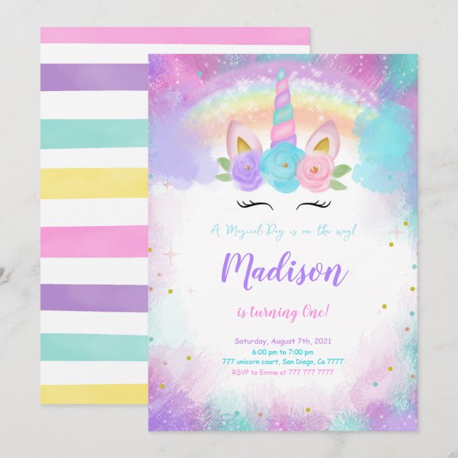 Invitation de fête d'anniversaire de la licorne mo (Devant / Derrière)