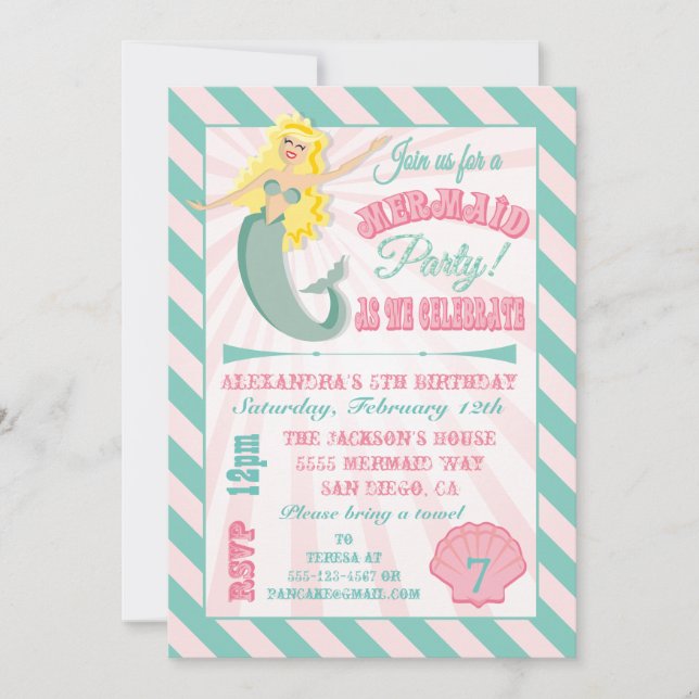 Invitation de fête d'anniversaire de la Sirène mod (Devant)