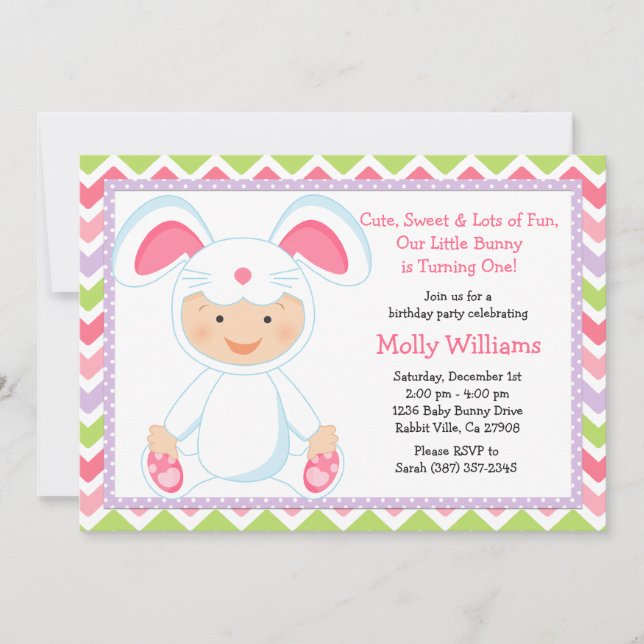 Invitation de fête d'anniversaire de lapin de bébé (Devant)