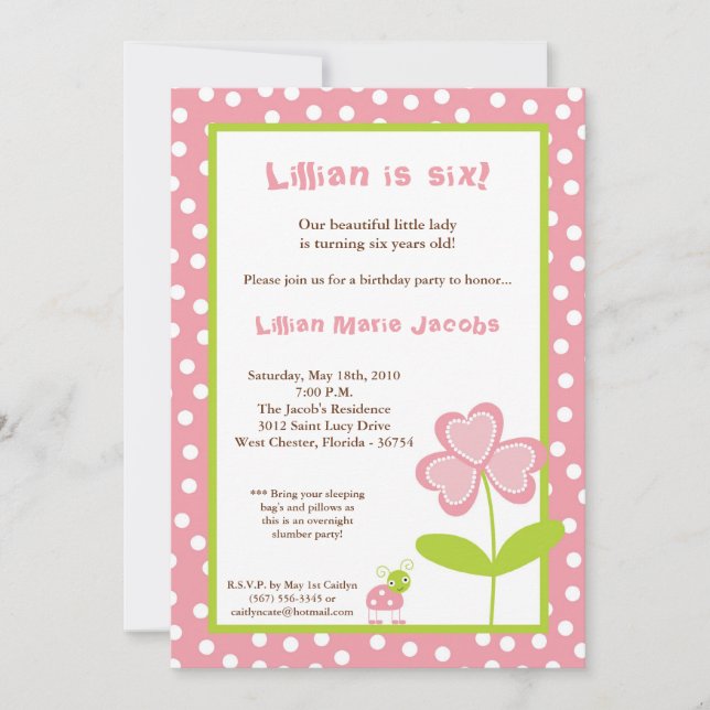 invitation de fête d'anniversaire de Madame Bug du (Devant)