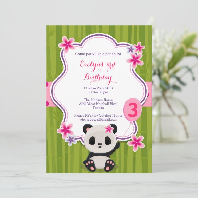 Invitation Fête d'anniversaire de la Cute Panda Florale Rose