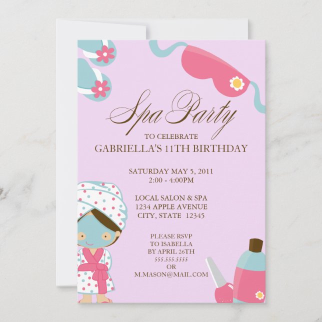 invitation de fête d'anniversaire de partie du spa (Devant)