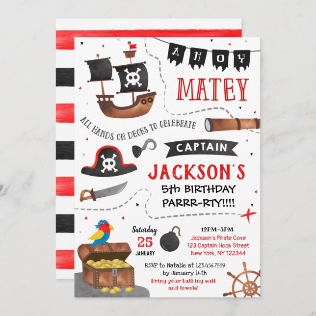 Invitation de fête d'anniversaire de pirate (Devant / Derrière)