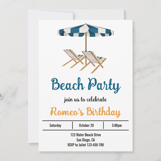 Invitation de fête d'anniversaire de plage (Devant)