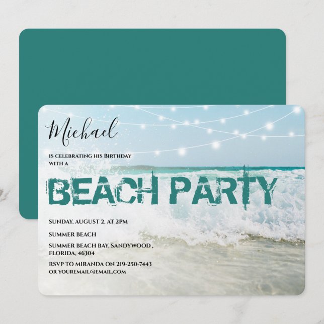 Invitation de fête d'anniversaire de plage élégant (Devant / Derrière)