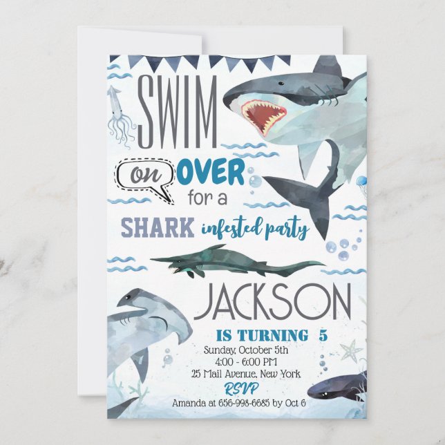 Invitation de fête d'anniversaire de requin (Devant)