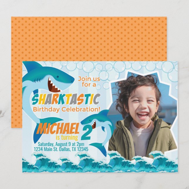 Invitation de fête d'anniversaire de requin Invita (Devant / Derrière)