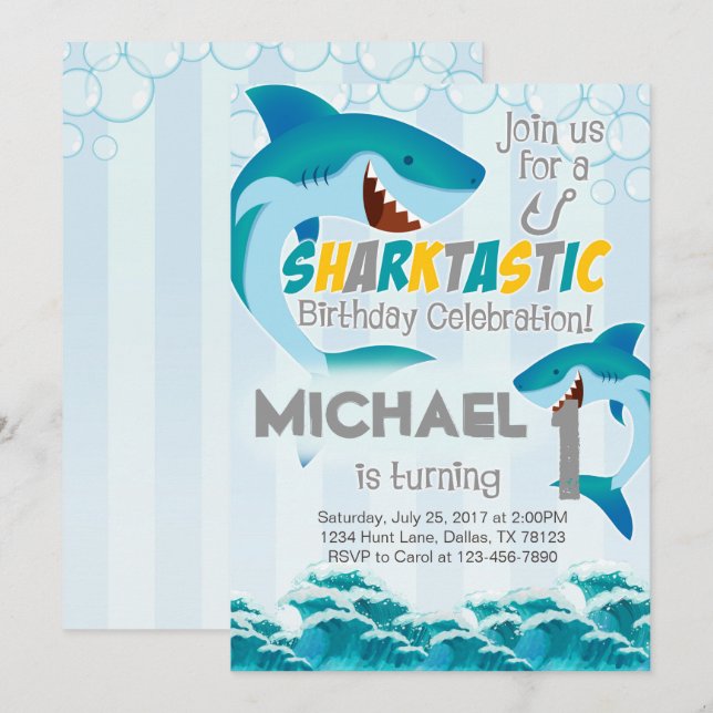 Invitation de fête d'anniversaire de requin Invita (Devant / Derrière)