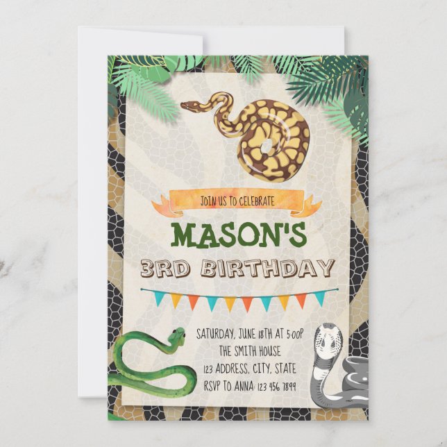 Invitation de fête d'anniversaire de serpents (Devant)